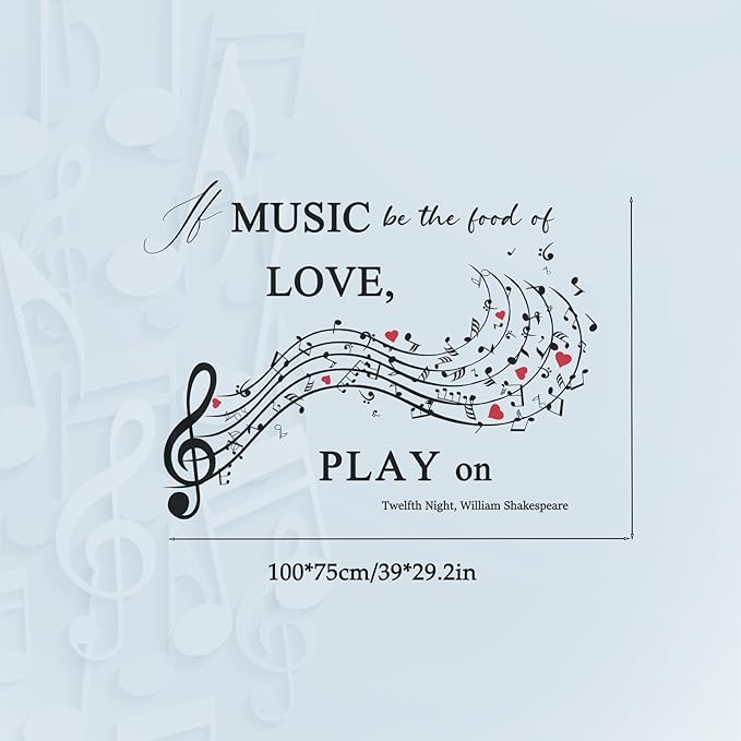 Music Quote Wall Decal,If Music Be The Food of Love Wall Sticker,Shakespeare Quote with Musical Notes for Home,Studio or Classroom
