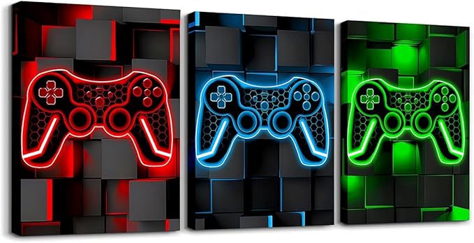 Feelyou Gamer Canvas Wall Art for Living Room 12"x16" 3 Piece Red and Black Picture Wall Decor Green Gaming Ombre Office Wall Decorations Artwork Posters Blue Geometric Square Wall Painting