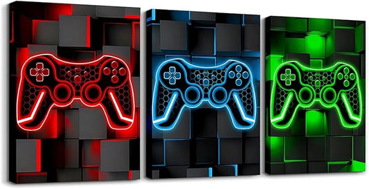Feelyou Gamer Canvas Wall Art for Living Room 12"x16" 3 Piece Red and Black Picture Wall Decor Green Gaming Ombre Office Wall Decorations Artwork Posters Blue Geometric Square Wall Painting