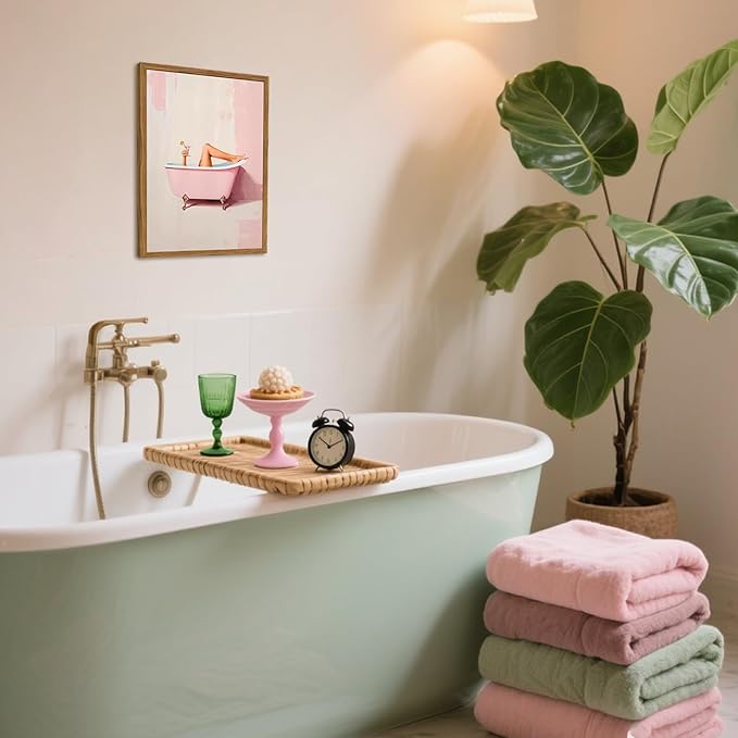 Funny Pink Girl Bathroom Wall Art, Cute Girly Bathtub Wall Decor Painting Trendy Pastel Woman and Martini Bathroom Poster Canvas Print Artwork 12x16 inch Framed