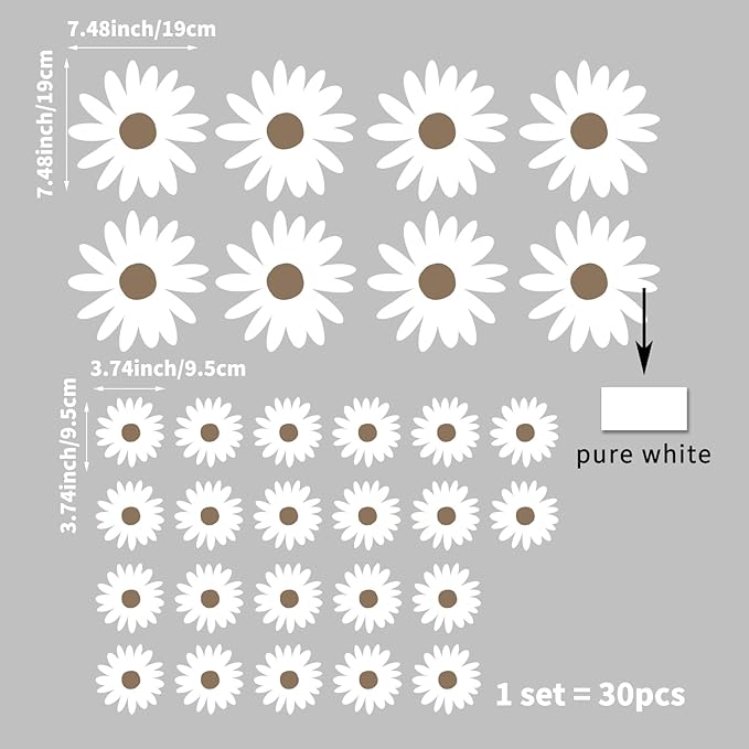 30 PCS Flower Wall Decals Peel and Stick, Daisy Wall Decor for Girls Bedroom, Boho White Daisy