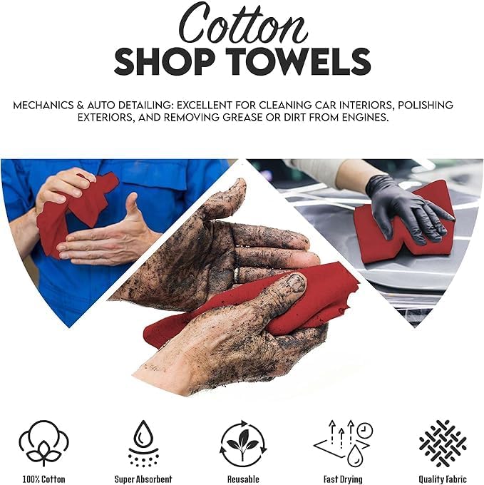 Cotton Shop Towel – Multipurpose Cleaning Cloths (14" x 12" - Pack of 150 - Red) Reusable Shop Rags for Automobiles, Industrial, Restaurants, Garage, and Homes