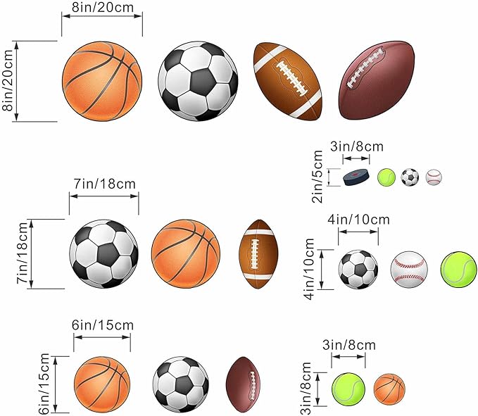 Basketball Football Sports Wall Stickers - Kids Baby Boys Wall Decals - Nursery Playroom Classroom Daycare Game Room Bedroom Home Wall Decor
