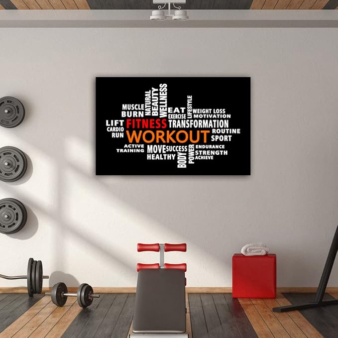 Workout Word Cloud Canvas Wall art, Exercise Workout Gym Wall art, Crossfit Fitness Inspirational Quotes Poster, Sports Motivational Print Wall Art, Home Gym Training Club Decor Framed Ready to Hang