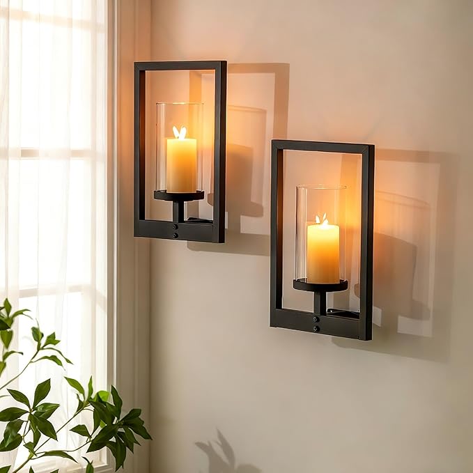 Black Candle Sconces Wall Decor: Set of 2 Metal Morden Style Frame Wall Candle Holder with Hurricane - Wall Mounted Minimalism Decorations for Living Room Hallway