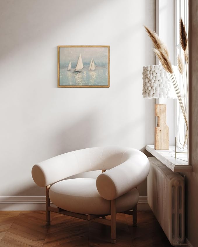 InSimSea Framed Canvas Wall Art, Vintage Sailboats Art for Living Room Hallway Shelf, 10x8in,Impressionist Coastal landscape Watercolor Painting, Rustic Cozy Mid Century Small Seaside Nature Decor
