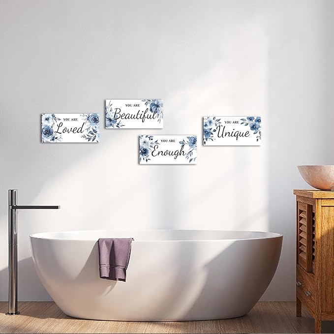 HOMEOART 4 Piece Framed Inspiration Floral Wall Decor Positive Saying Word Art Pictures Farmhouse Bathroom Wall Decor Painting Woman Teen Girl Room Sign, Framed 6x12inchx4pcs (Blue)