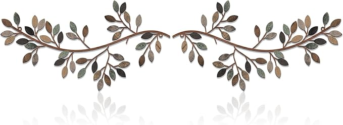 Hotop 2 Pieces Metal Tree Leaf Wall Decor Vine Olive Branch Leaf Wall Art Wrought Iron Scroll Sculptures Above the Bed, Living Room, Outdoor Decoration(Classic Style,Classic Color)