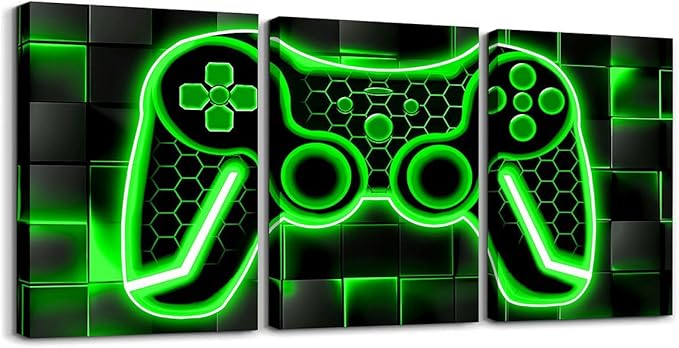 Feelyou Gamer Canvas Wall Art - 12"x16", 3-Piece Green & Black Ombre Gaming Decor, Office & Living Room