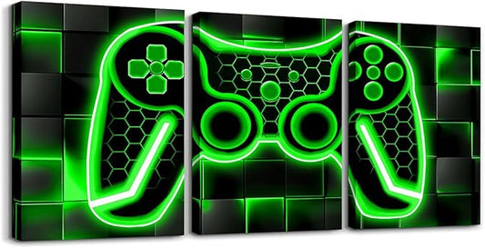 Feelyou Gamer Canvas Wall Art - 12"x16", 3-Piece Green & Black Ombre Gaming Decor, Office & Living Room