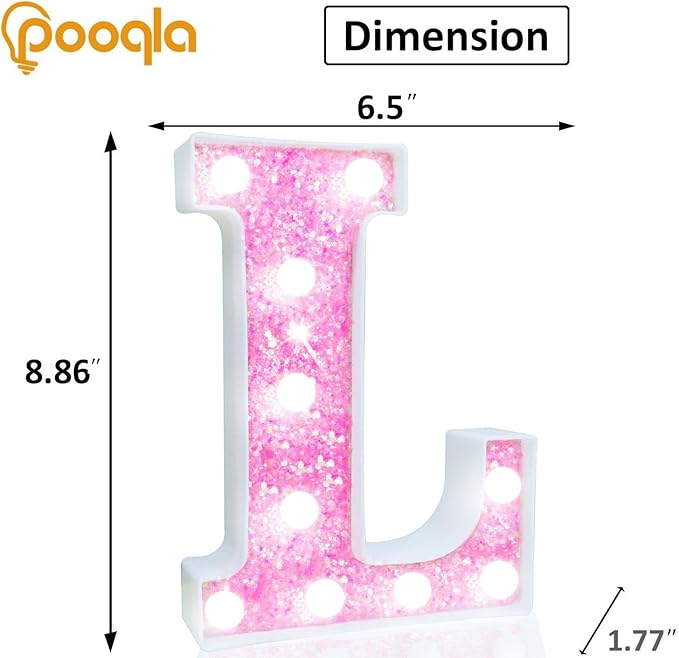 Pooqla LED Marquee Letter Lights, Light Up Letters for Birthday Decorations, Glitter Letter Sign Battery Powered Night Light Pink Party Wedding Christmas Girls Gift Bedroom Dorm Decor, Cool White L