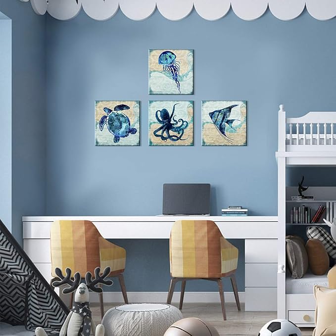Boho Beach Bathroom Decor Navy Blue Fish Sea Turtle Jellyfish Octopus Canvas Wall Art Ocean Nursery Picture Under the Sea Animal Kids Painting for Living Room Bedroom Office Home Decorations 12x12" 4P