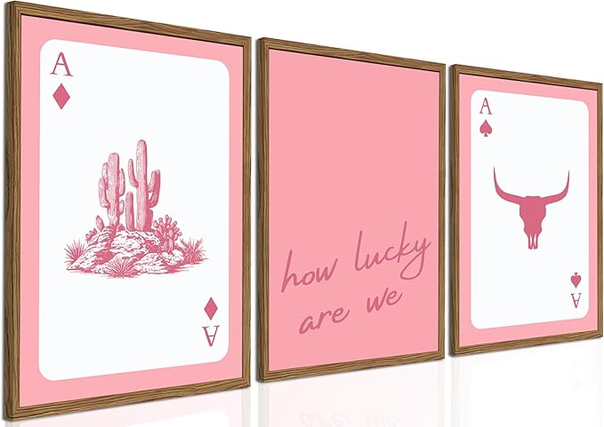 Western Wall Art Set of 3, Southwestern Cowboy Playing Card Wall Decor, Pink Longhorn Bull Skull and How Lucky are We Poster Canvas Painting Prints for Bedroom Living Room 16x24 inch Wood Framed