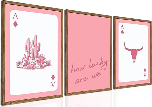 Western Wall Art Set of 3, Southwestern Cowboy Playing Card Wall Decor, Pink Longhorn Bull Skull and How Lucky are We Poster Canvas Painting Prints for Bedroom Living Room 12x16 inch Wood Framed