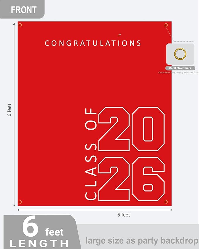 Class of 2026 Graduation Banner 5X6feet - Large CONGRATS GRAD Polyester Banner, Photo Backdrop & Wall Decor for Commencement Party Supplies, Red and White Graduation Party Decorations for High School & College