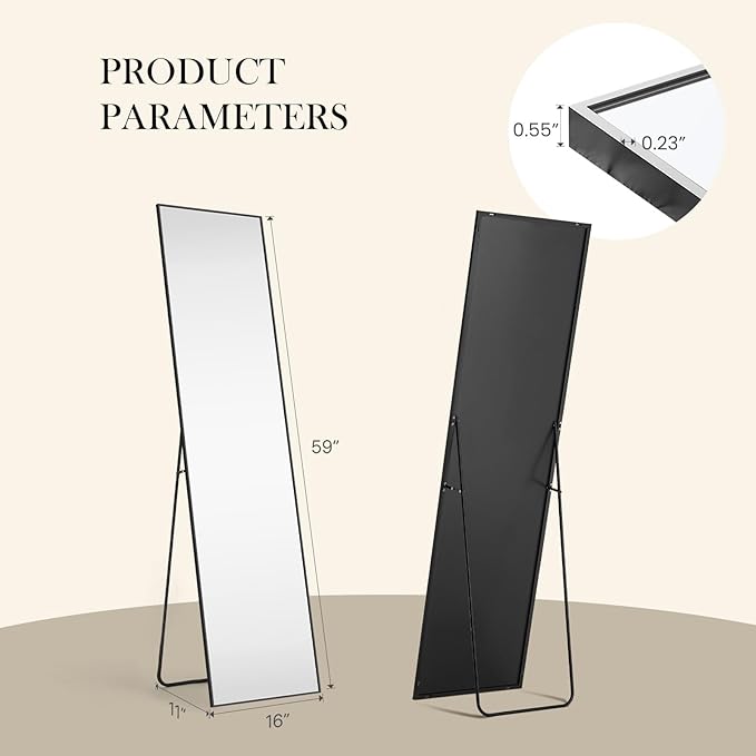 DUMOS Full Length Mirror with Stand Floor Standing Aluminum Frame for Bedroom Body Hanging Leaning Modern Simple Home Decor Shatter-Proorf Nano Glass Wall Living Room Cloakroom Black 59"x16"
