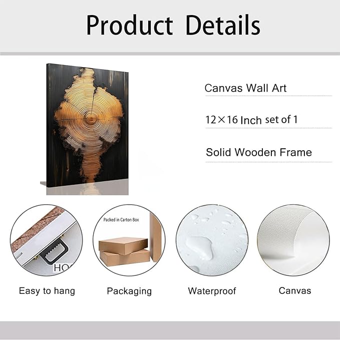 IBHJSART Framed Tree Ring Canvas Wall Art Black And Gold Wall Art Painting Prints Modern Minimalist Pictures Neutral Nature Rustic Farmhouse Decor Living Room Bedroom Bathroom Office