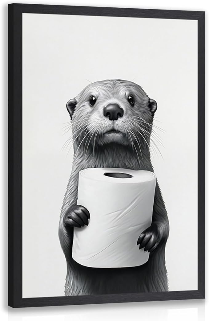 IAFWZX Wood Framed Funny Bathroom Wall Art, Black and White Otter Holding Toilet Paper Wall Decor, Cute Animal Wrapped Canvas Painting, Humor Otter Poster Print for Restroom Guest Bedroom 12"x16"