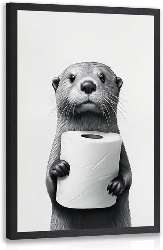 IAFWZX Wood Framed Funny Bathroom Wall Art, Black and White Otter Holding Toilet Paper Wall Decor, Cute Animal Wrapped Canvas Painting, Humor Otter Poster Print for Restroom Guest Bedroom 16"x24"