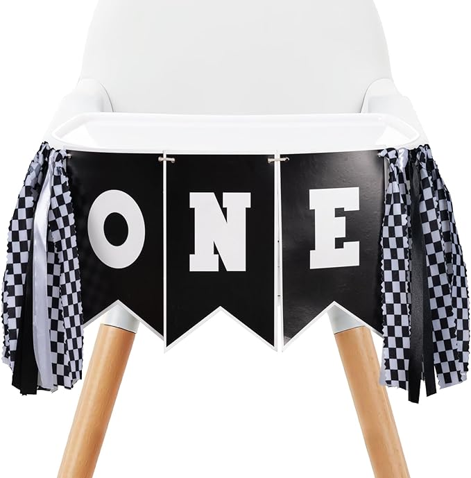 Race Car First Birthday Highchair Banner, Pre - strung Black & White Checkered “ONE” Garland for Boys’ Fast One Party, Cake Smash Photos & Racing Theme Decor