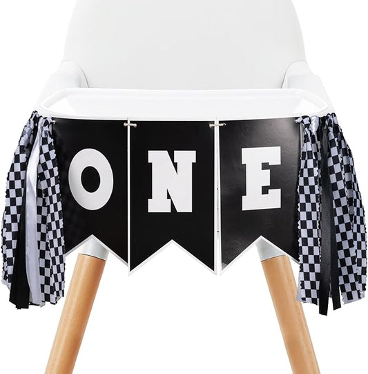 Race Car First Birthday Highchair Banner, Pre - strung Black & White Checkered “ONE” Garland for Boys’ Fast One Party, Cake Smash Photos & Racing Theme Decor
