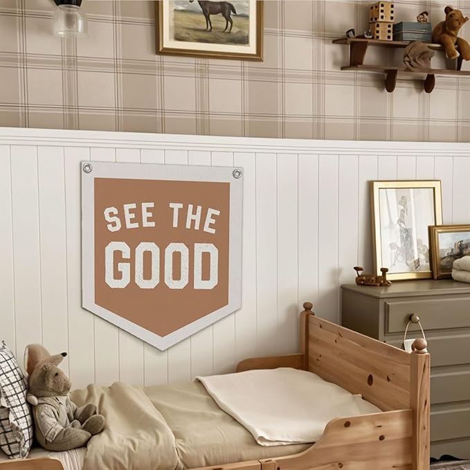 Inspirational See The Good Pennant Flags Playroom, Boy Girl Kids Nursery Decor, Vintage Inspirational Wall Hanging Decor, 12.4x14 in