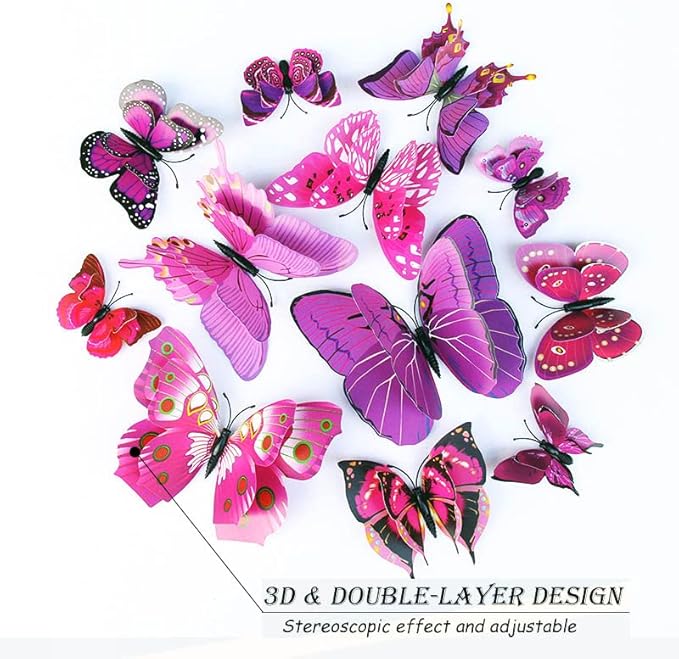 Butterfly Wall Decor 72 PCS, 3D Butterflies Stickers for Party Decorations with Magnets (Purple, 72)