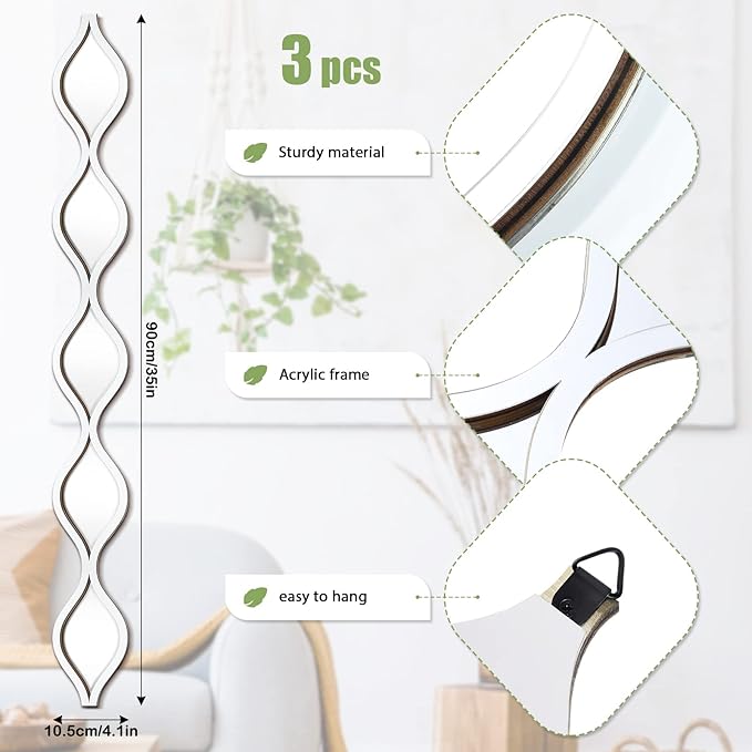 Yulejo 3 Pcs Acrylic Teardrop Mirror Wall Decor Decorative Mirror Narrow Decor Boho Vintage Wall Decals Art for Apartment Home Living Room Bathroom Bedroom Hallway