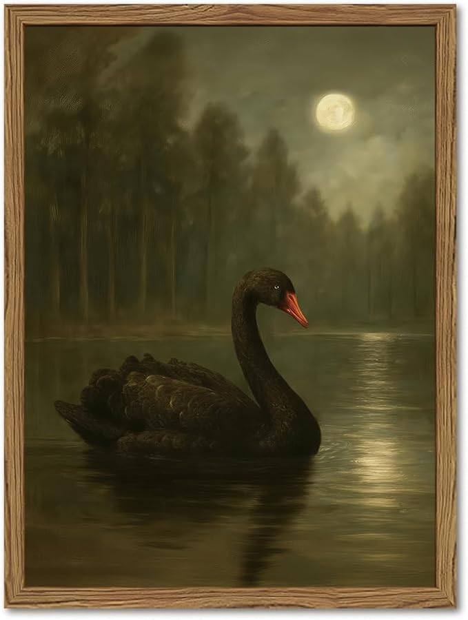 Framed Vintage Moonlit Black Swan Lake Wall Art Moody Gothic Pictures Wall Decor Paintings Artwork Animal Canvas Prints for Living Room Bedroom Dining Room Offices 16x24 inch