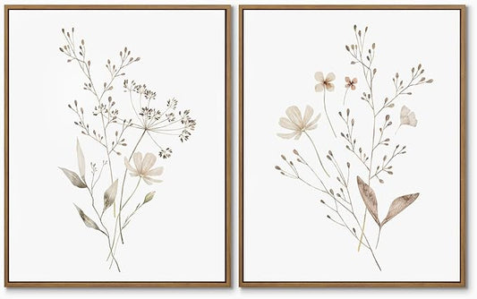 Boho Wall Art Set of 2 Watercolor Botanical Floral Picture Blossomy Wildflower Canvas Art Prints Minimalist Flower Wall Decor for Living Room Bedroom Bathroom Home Office Decoration, 11x14 Inch Framed