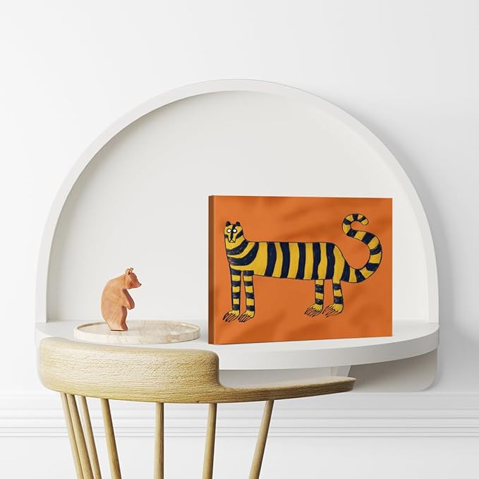 Trendy Tiger Canvas Wall Art Print Stylish Whimsical Tiger Picture Painting Artwork Orange Modern Wall Decor for Home Living Room Bedroom 8x10 Framed