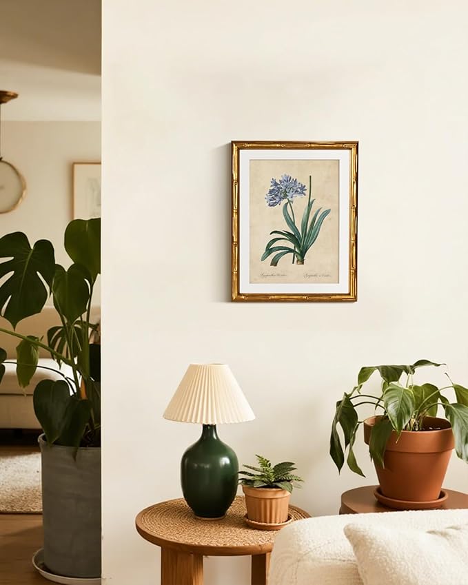 InSimSea Gold Bamboo Framed Canvas Wall Art, Retro African Lily Botanical Prints, Antique Floral Picture Frame with Mat, Victorian Home Wall Decor for Kitchen Dining Living Room Bedroom, 11x14inch
