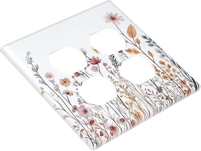 Outlet Covers Spring Floral Pink Wildflower Leaves Plants 2 Gang Double Duplex Decorative Light Switch Covers Electrical Wallplates Socket Faceplate For Home Bed Room Decor