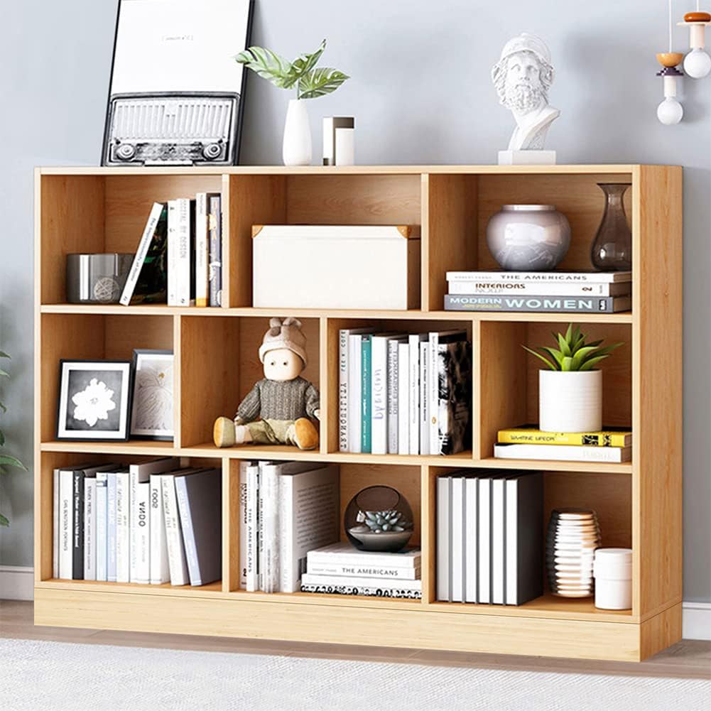 IOTXY Open Shelf Low Bookcase - Wooden 3-Tier Floor Standing Display Cabinet Organizer with Base, 10 Cubes Short Horizontal Bookshelf in Pear Yellow