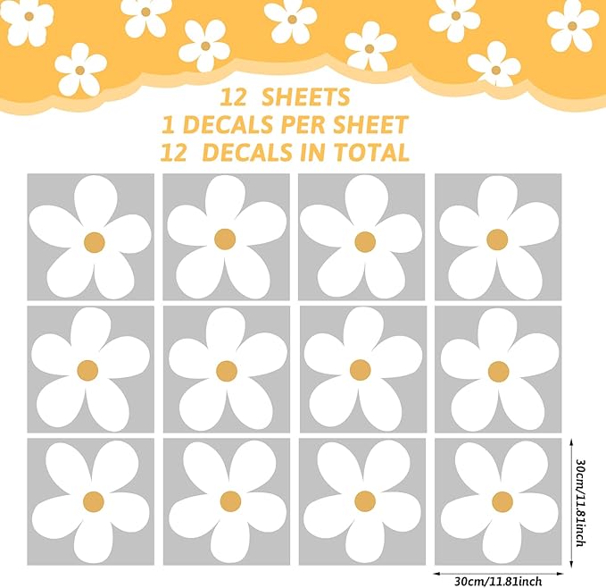 TaoBary 12 Sheet Daisy Wall Sticker Decal Removable Cute Daisy Bedroom Room Decor Flower Wall Sticker Pink White Flower Decal Wallpaper Peel and Stick for Nursery Home(White, Yellow,Charming Style)