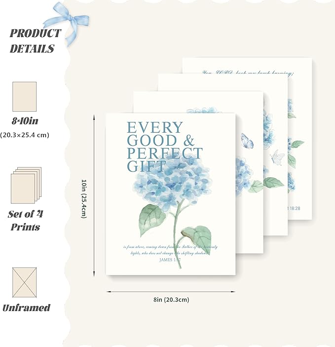 LARTSFRO Hydrangea Floral Bible Wall Art Decor Posters, Blue Floral Spring Christian Room Bathroom Bedroom Dorm Wall Art Decor Aesthetic for College Teen Girls Gifts, Inspirational Bible Verses Wall Decor, 10x8 Inch Set of 4 Pcs Hydrangea Pictures (UNF...