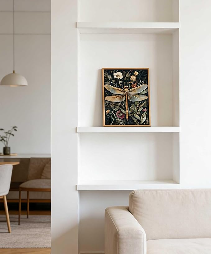 Framed Vintage Botanical Dragonfly Wall Art Dark Green Gothic Nature Dragonfly Flowers Wall Decor Pictures for Living Room Bedroom Home Decoration 12x16in