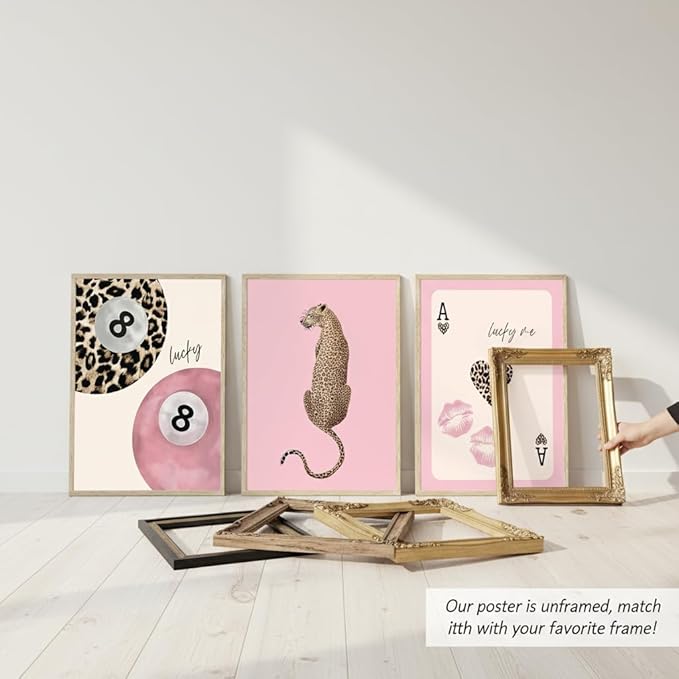 3 Pcs Trendy Pink Preppy Leopard Wall Art Lucky 8 Ball Playing Card Painting Picture Wall Decor Pink Coquette Funky Cheetah Poster Print Artwork for Girls Bedroom Living Room Apartment Home Decoration
