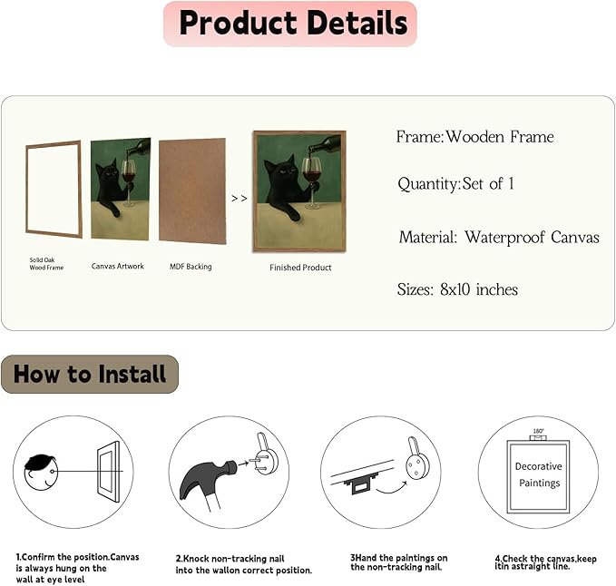 Funny Black Cat Wall Art 8x10 Inch Moody Black Cat with Wine Glass Canvas Wall Decor Whimsical Animal Bar Cart Poster Canvas Prints for Bathroom Kitchen Bar Wood Framed