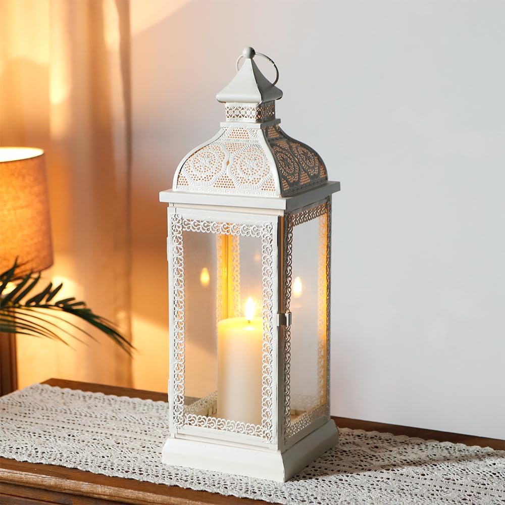 TRIROCKS Rustic Style Metal Candle Lantern 19'' High Decorative Hanging Lantern Candle Holder with Tempered Glass for Christmas Living Room Garden Yard Patio Parties Events Indoors Outdoors(Cream)