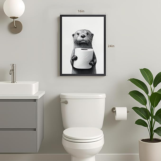 IAFWZX Wood Framed Funny Bathroom Wall Art, Black and White Otter Holding Toilet Paper Wall Decor, Cute Animal Wrapped Canvas Painting, Humor Otter Poster Print for Restroom Guest Bedroom 16"x24"