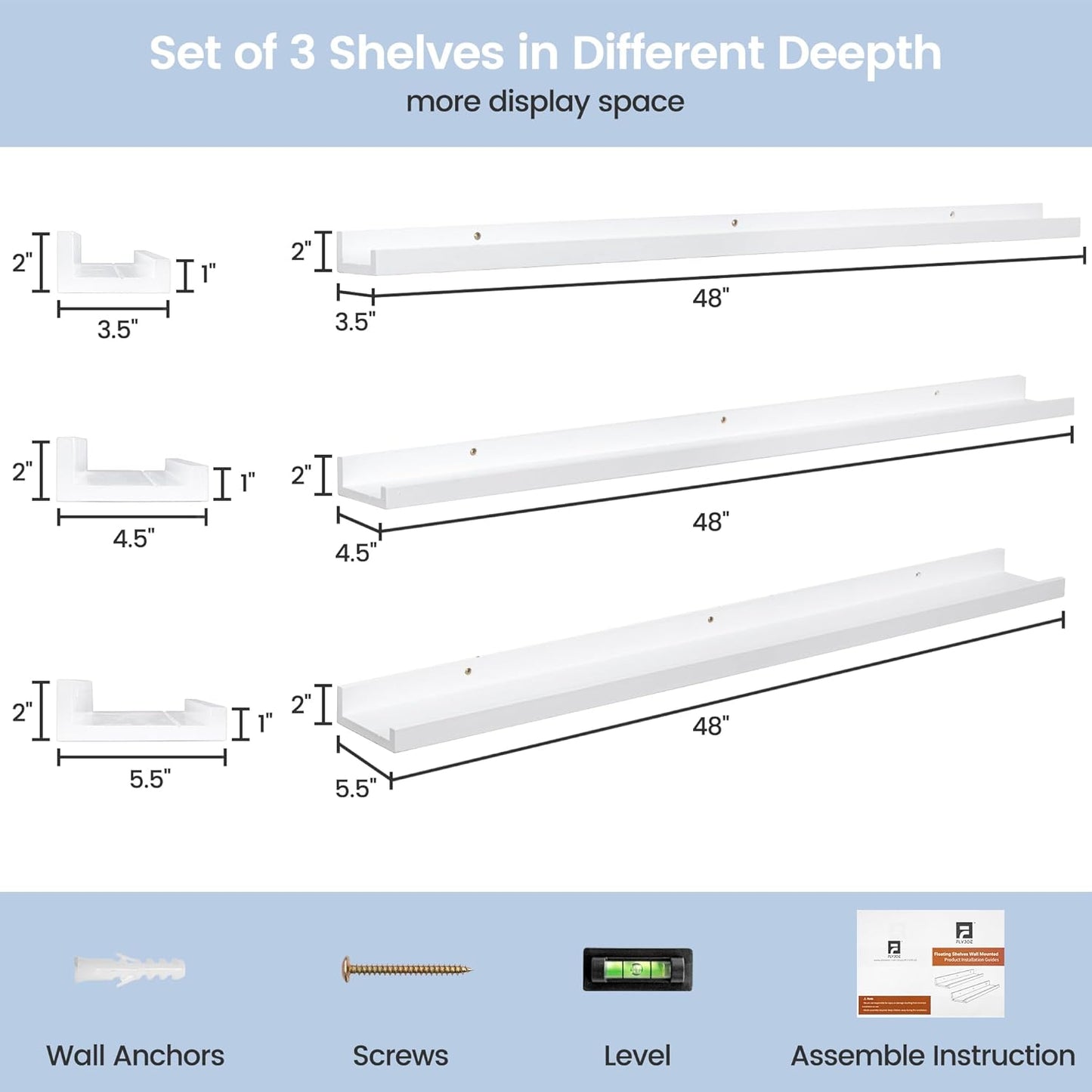 Picture Ledge Shelf for Wall, 48 inches Solid Pine Wood Nursery Book Shelves 3 Pack, Floating Ledge Shelves for Kids' Room, Bedroom, Bathroom Long Floating Shelves for Wall, White