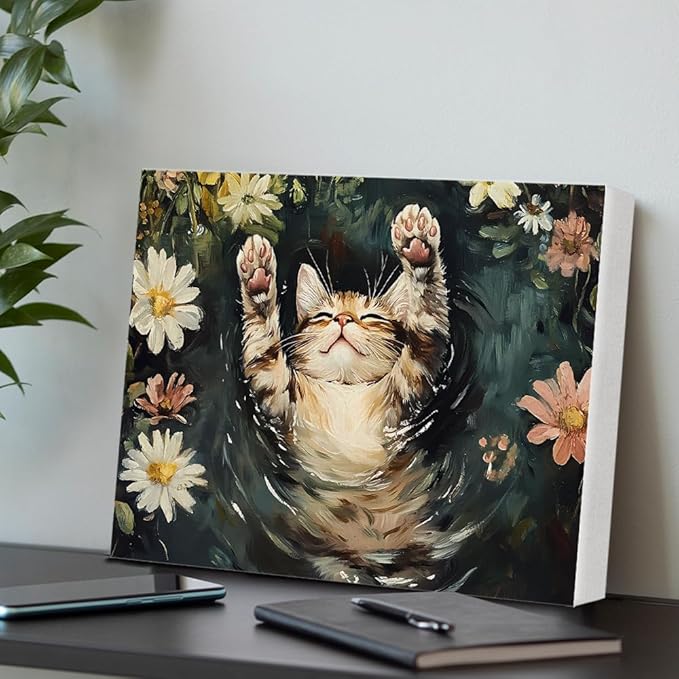 Aesthetic Sleeping Cat Wall Art Decor Cat on Lily Pond Cute Canvas Print Poster Framed Painting for Home Living Room Bedroom Wall Decor 8x10 Inch