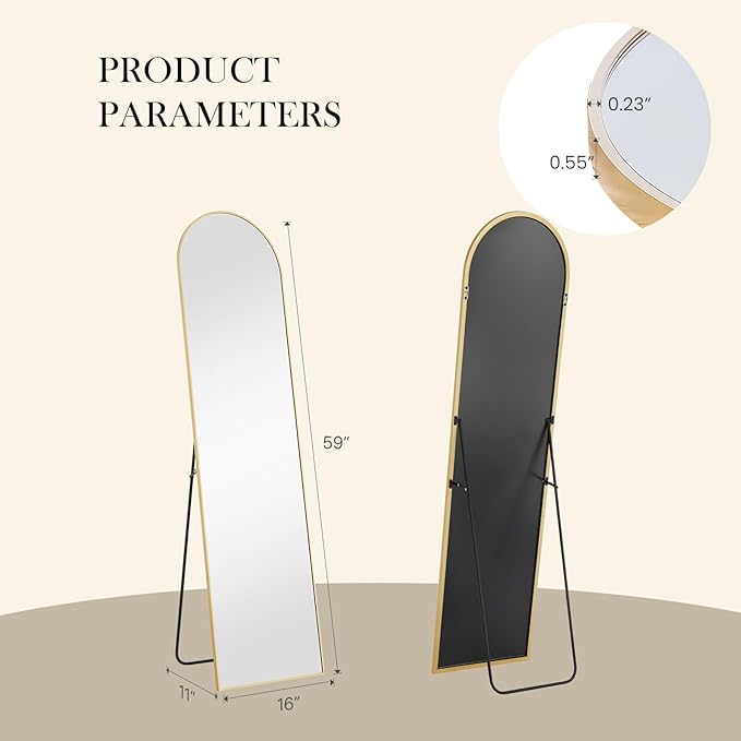 DUMOS Arched Full Length Mirror with Stand Floor Standing Aluminum Frame for Bedroom Body Hanging Leaning Modern Simple Home Decor Shatter-Proorf Nano Glass Wall Living Room Cloakroom Gold 59.1"x15.8"