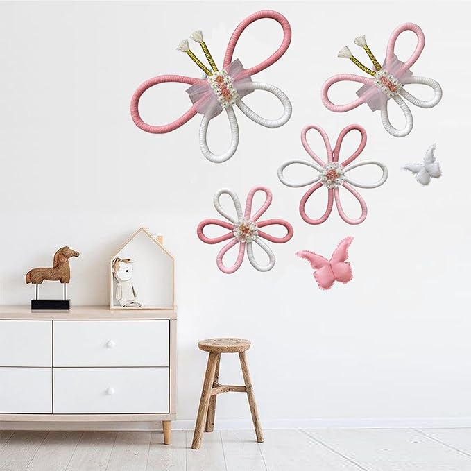 KUNHEHO Butterfly Wall Decor Set of 6 Daisy Flower Boho Nursery Wall Décor Bohemian Macrame Woven Rattan Wall Hanging Room Decor for Teen Girls