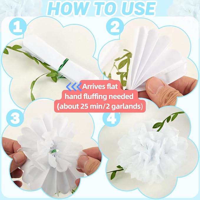 White Tissue Paper Pom Pom Garlands, Paper Flowers for Birthday Decorations, Baby Shower, Wedding Engagement, Bridal Shower, Spring Summer Party Decorations