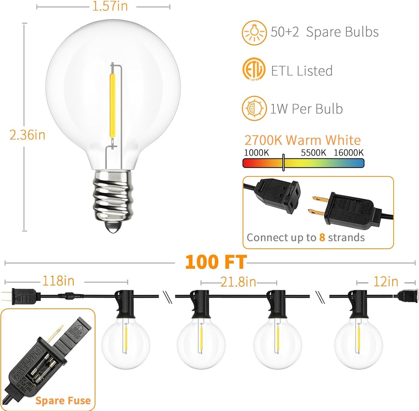 Svater Outdoor String Lights Waterproof 100 FT, LED Patio Lights Outside with 52 Shatterproof G40 Bulbs, Dimmable Hanging Globe Lighting for Bistro Backyard Cafe Market Porch, Warm White 2700K