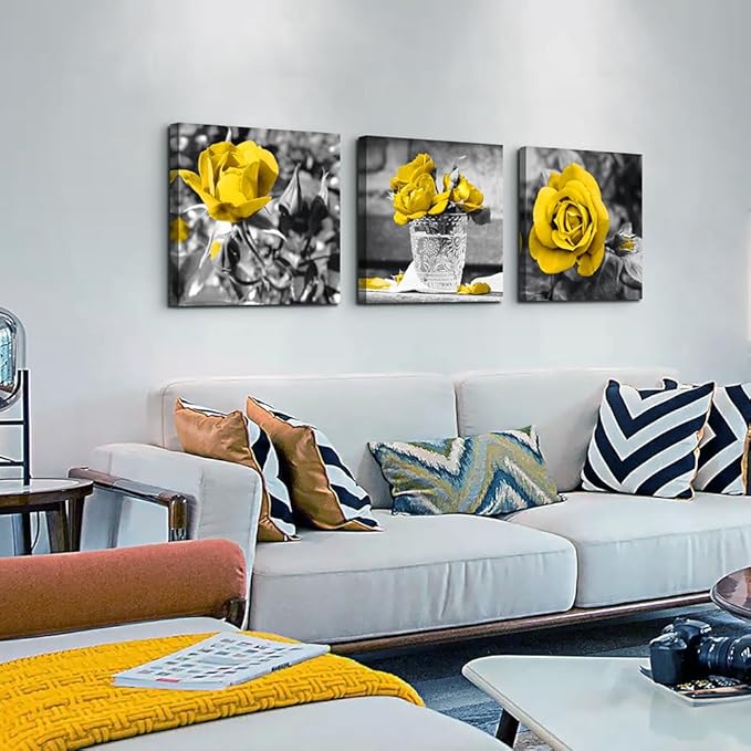 DZRWUBHS Canvas Wall Art - Modern Decor For Bedroom, Living Room, Kitchen, Bathroom - Black And White Wall Pictures - Yellow Rose Flowers - Girls Room Artwork