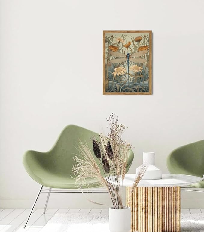Framed Vintage 3D Textured Wall Art Green Dragonfly Flowers Wall Decor Hand Drawn Sandstone Nature Botanical Pictures for Living Room Bedroom 16x24 inch