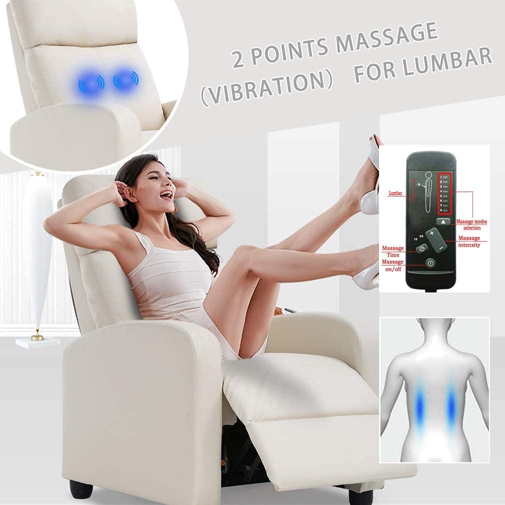 BestMassage | Recliner Chair | with 2 Point Massage Function | Textile Beige | with Lumbar Support, Adjustable Push Back, Footrest & Padded Seat | Easy Assembly | for Living Room, Home Theatre